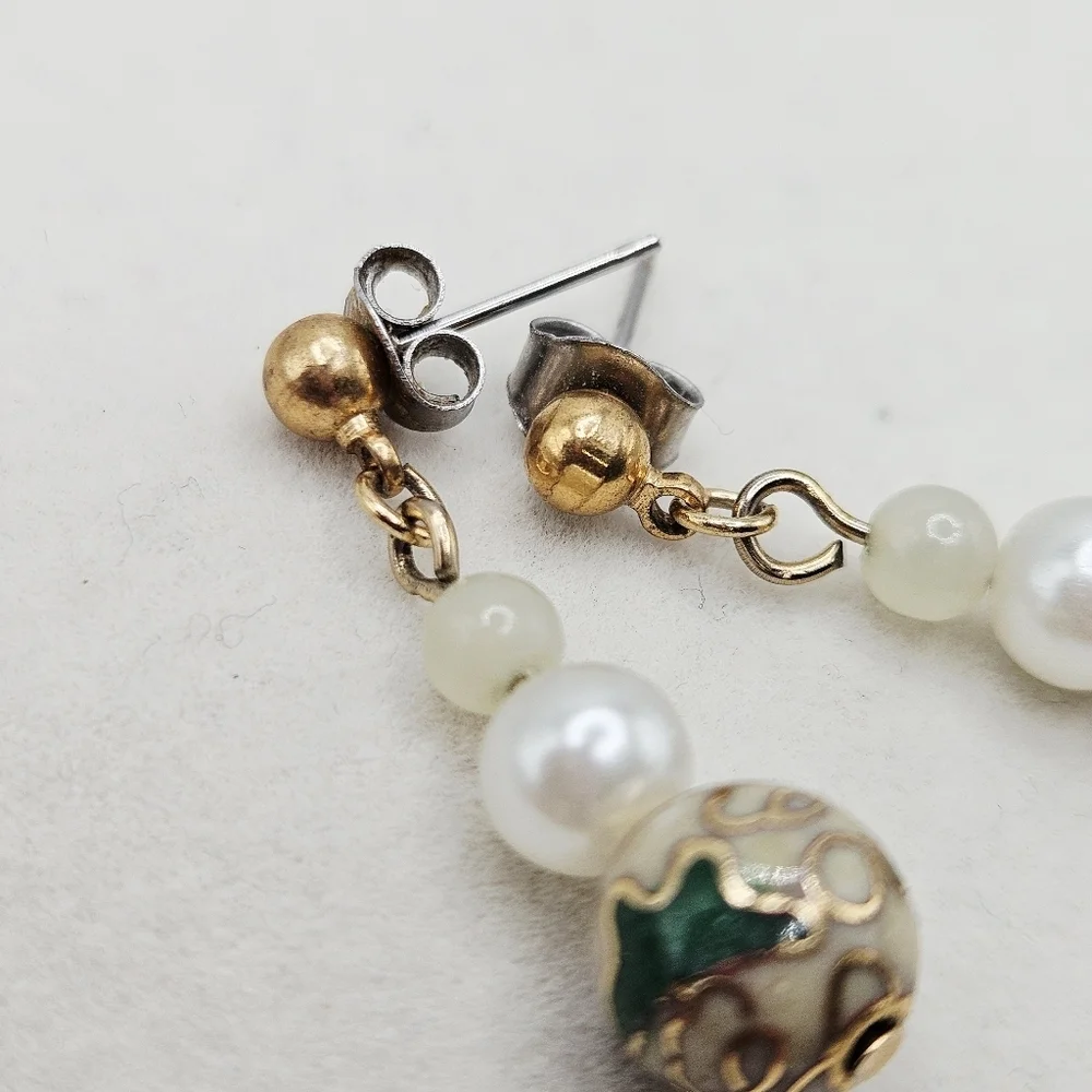 VINTAGE Cloisonne Blue Floral Beaded Dangle Earrings Post - Picture 4 of 4